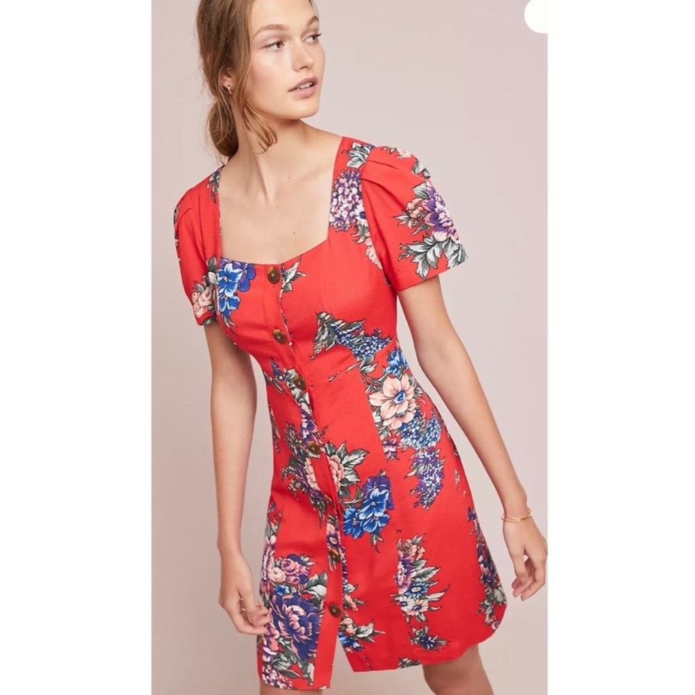 Anthropologie Maeve Caldwell Button-down Dress floral red 6